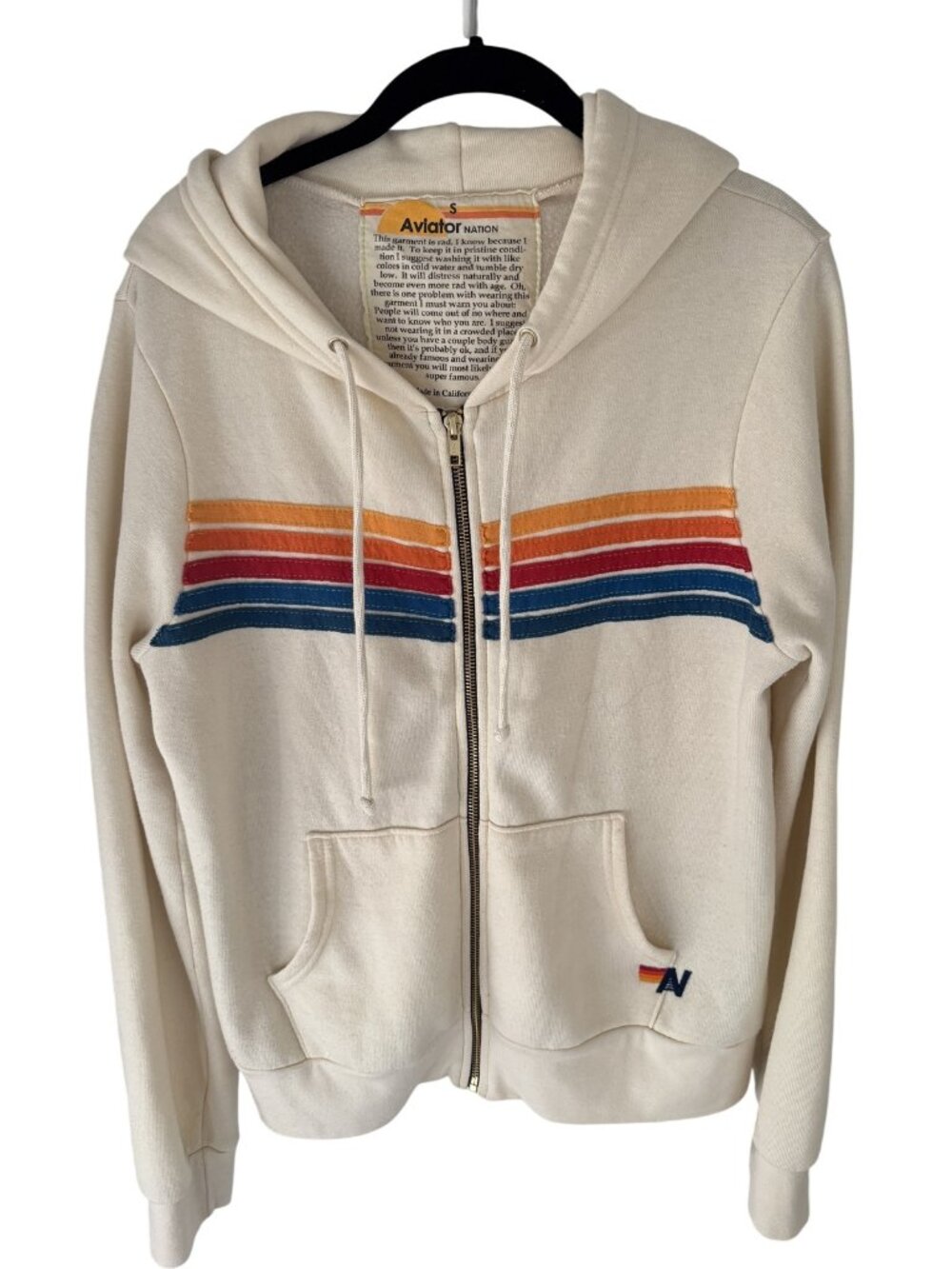 Aviator Nation Size Small (S) Vintage White  Retro Striped Zip Up Hoodie Jacket